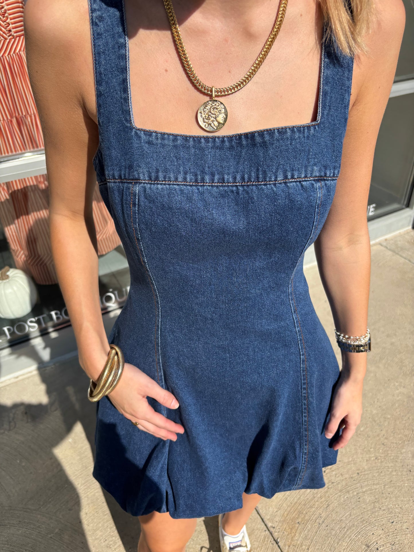 The Emily Dark Denim Square Neck Bubble Hem Dress
