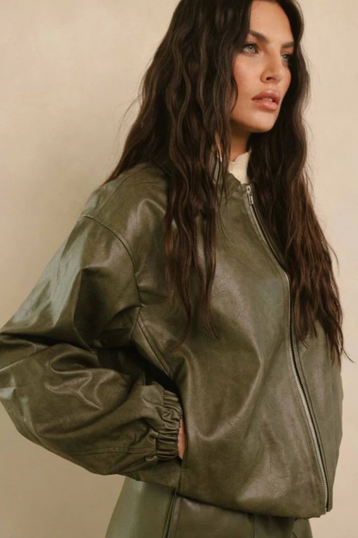 Elan Olive Faux Leather Bomber Jacket