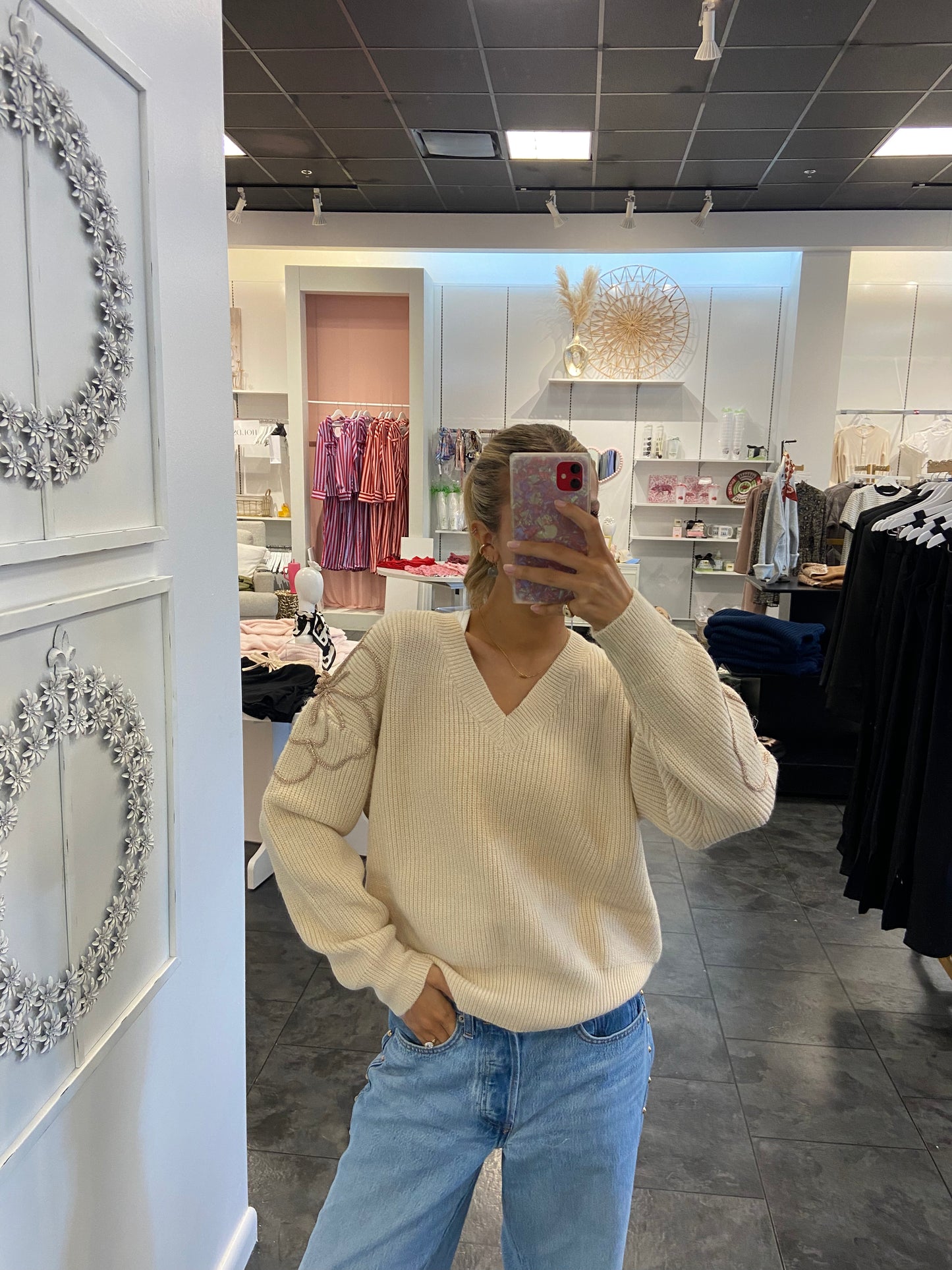 Ivory V-Neck Sweater with Lurex Flowers on the Sleeves