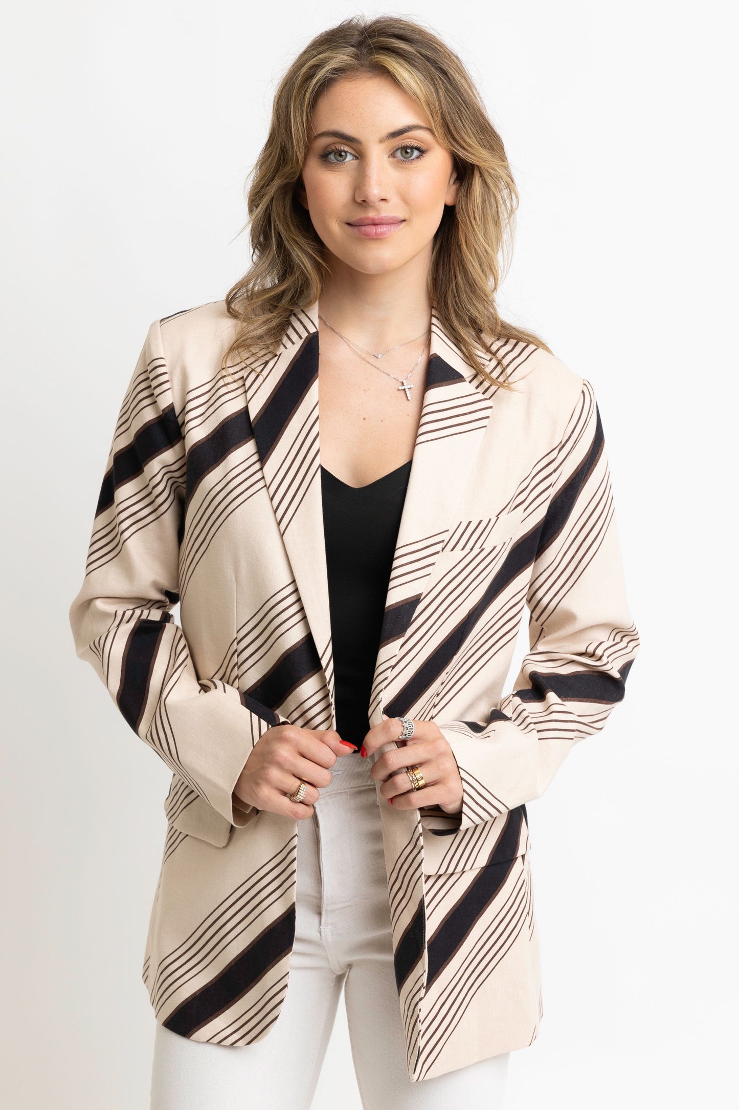 Karlie Tan with Black and Brown Stripe Blazer