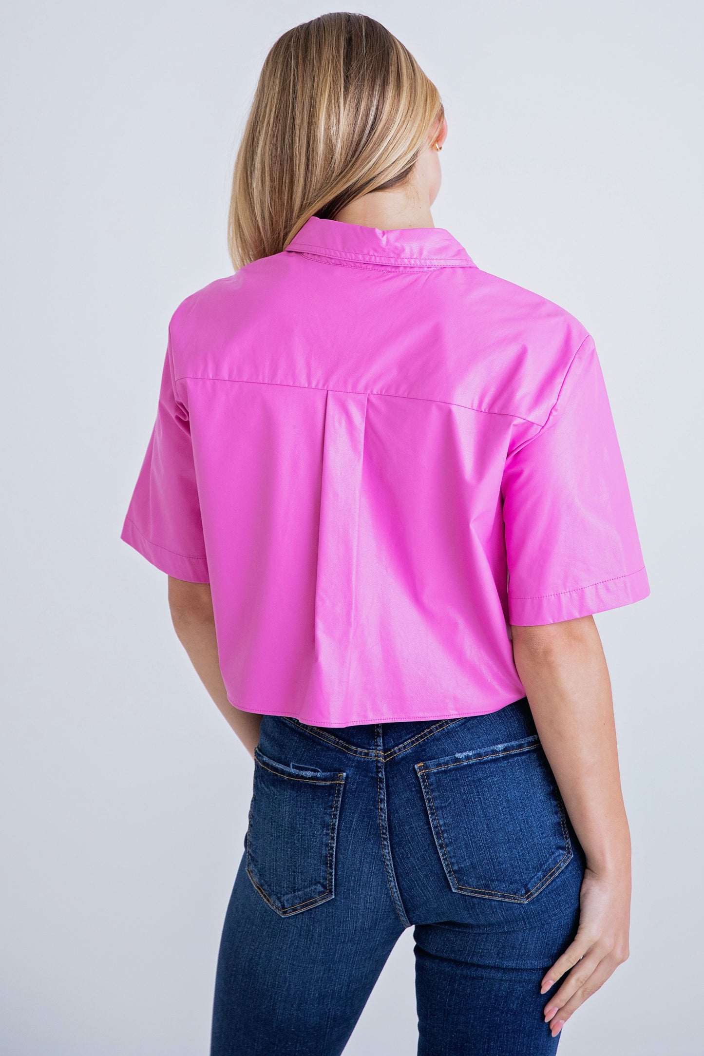 KARLIE Bubble Gum Pink Pleather Pocket Camp Shirt