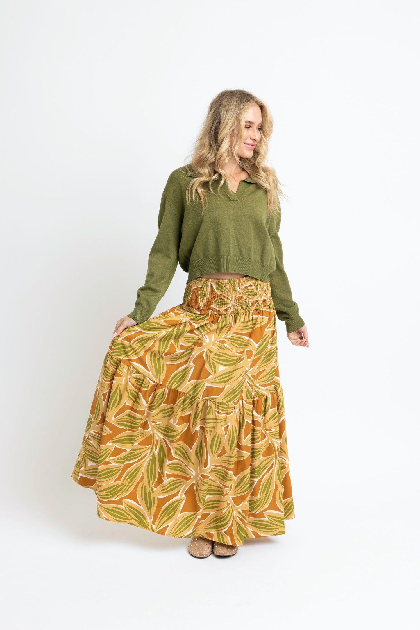 KARLIE Desert Palm Smock Tier Maxi Skirt
