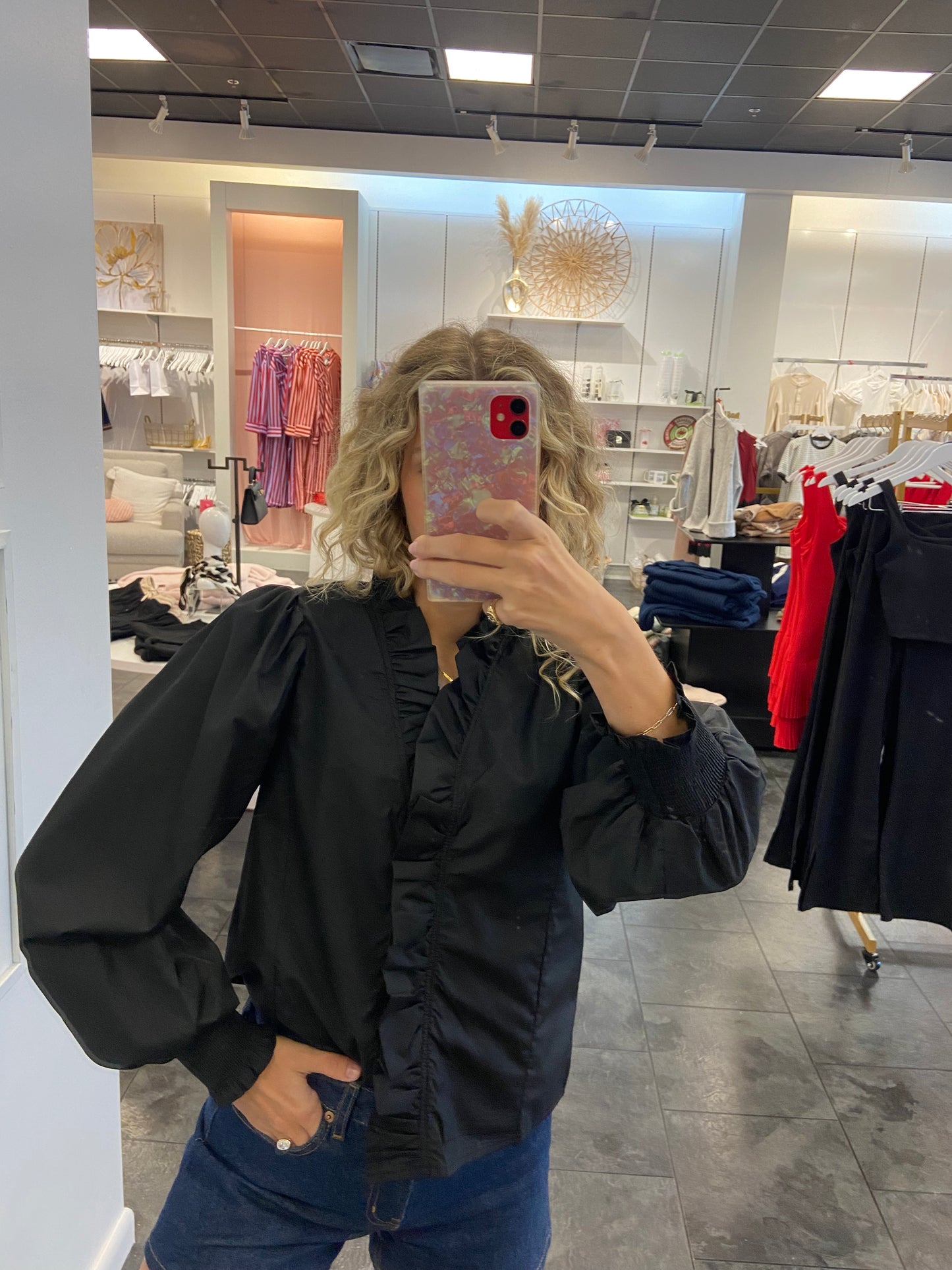 Black Long Sleeved Ruffle Neck Button Up Top