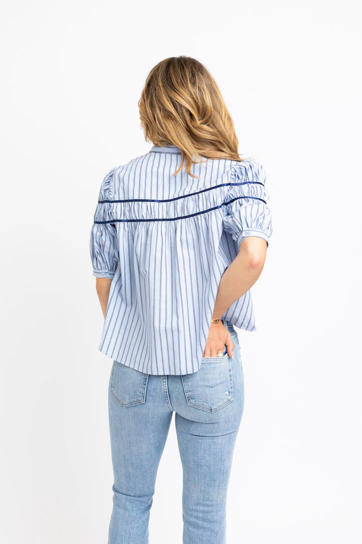 Karlie Blue Stripe Button Down Puff Sleeve Shirt
