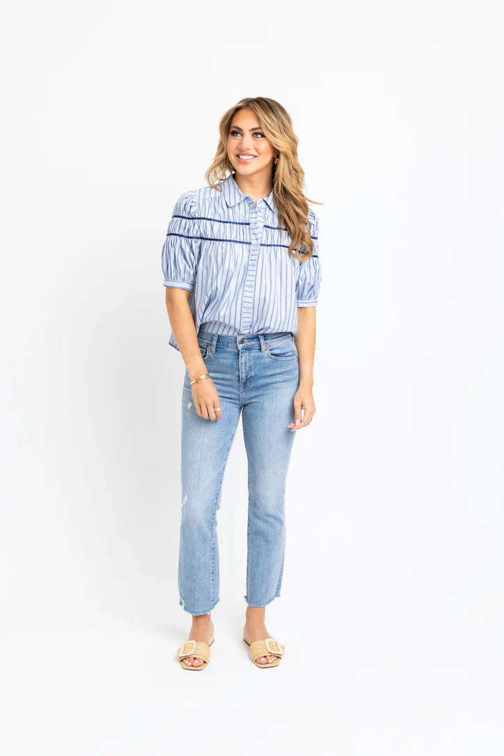 Karlie Blue Stripe Button Down Puff Sleeve Shirt