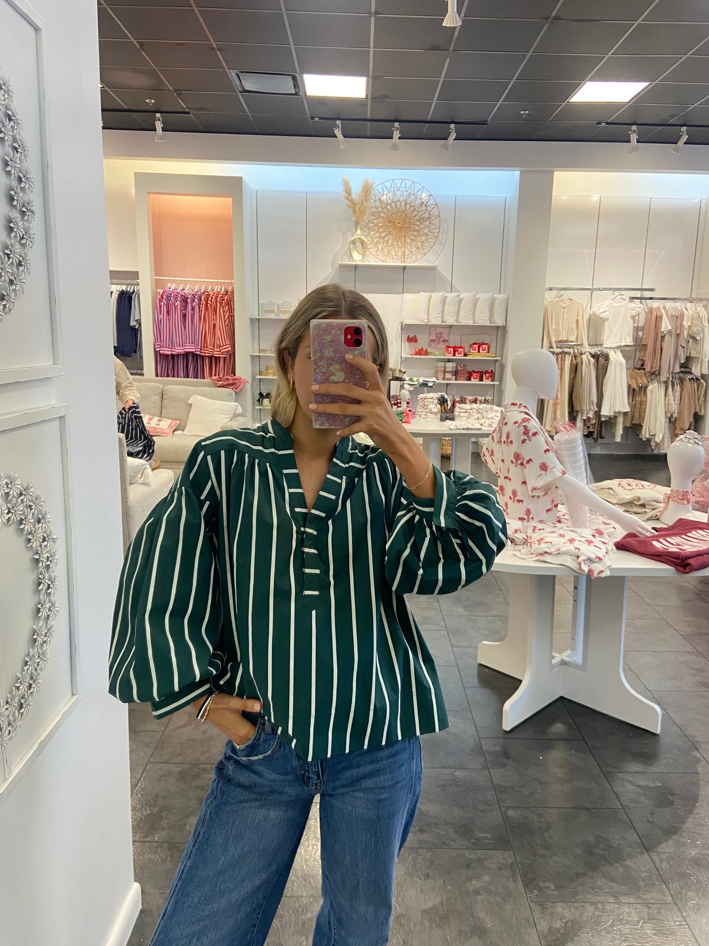 Green with White Stripe Bubble Sleeve Blouse