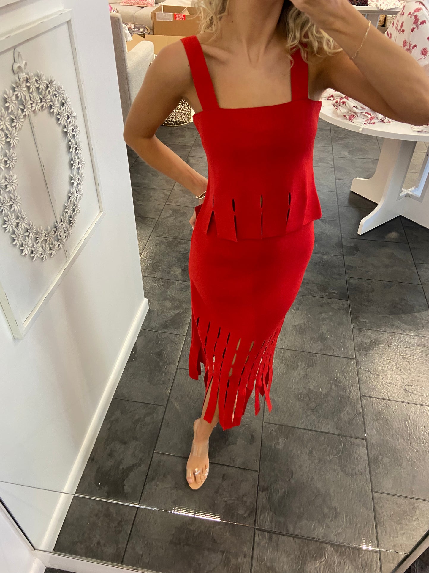 Go Team Red Sweater Skirt Set with Fringe