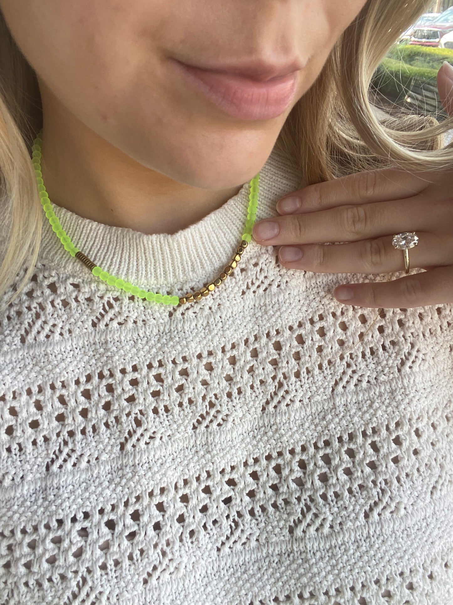 Neon Yellow Hematite Small Bead Necklace