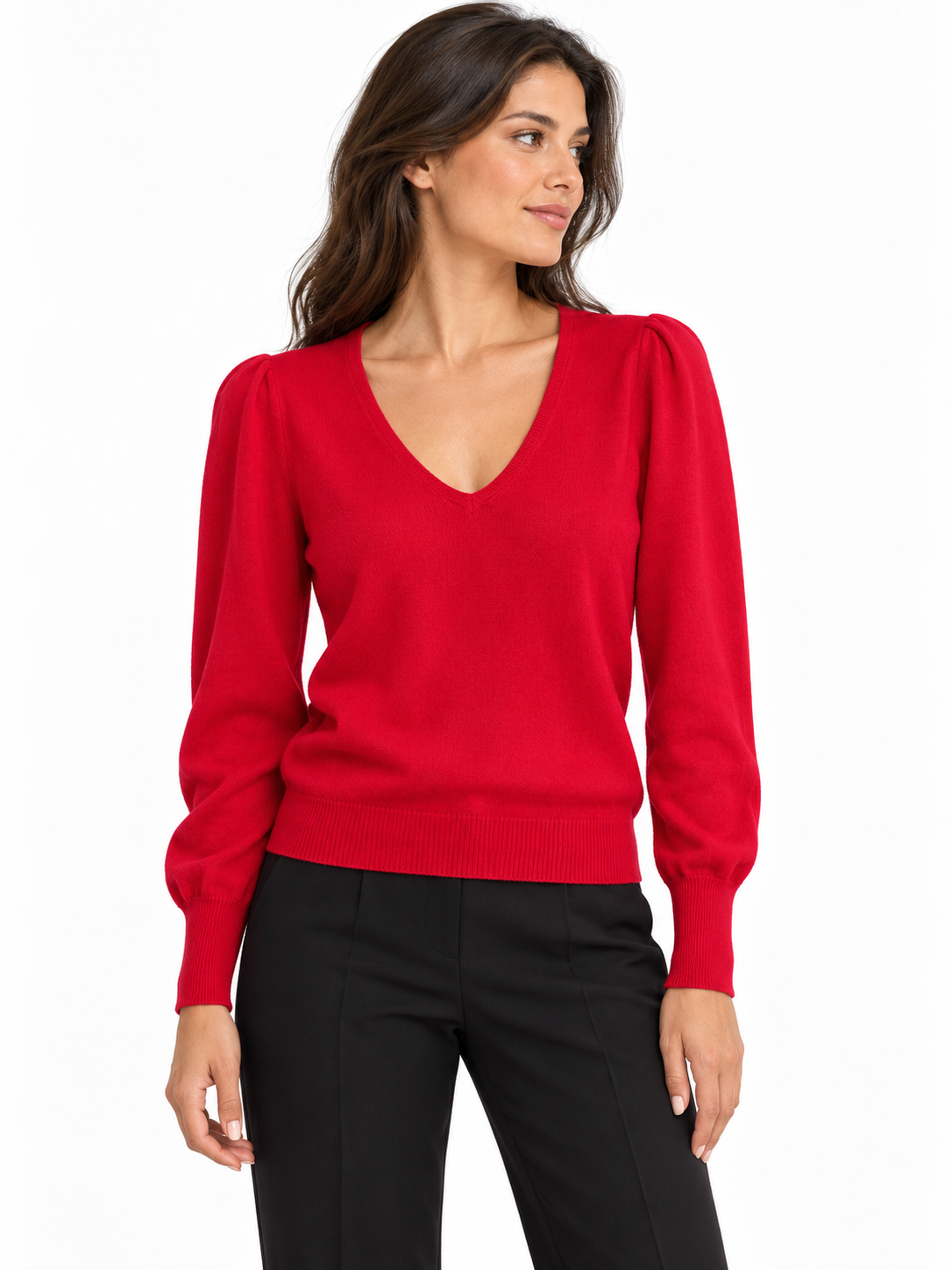 Deeni Red Long Sleeve V-Neck Sweater