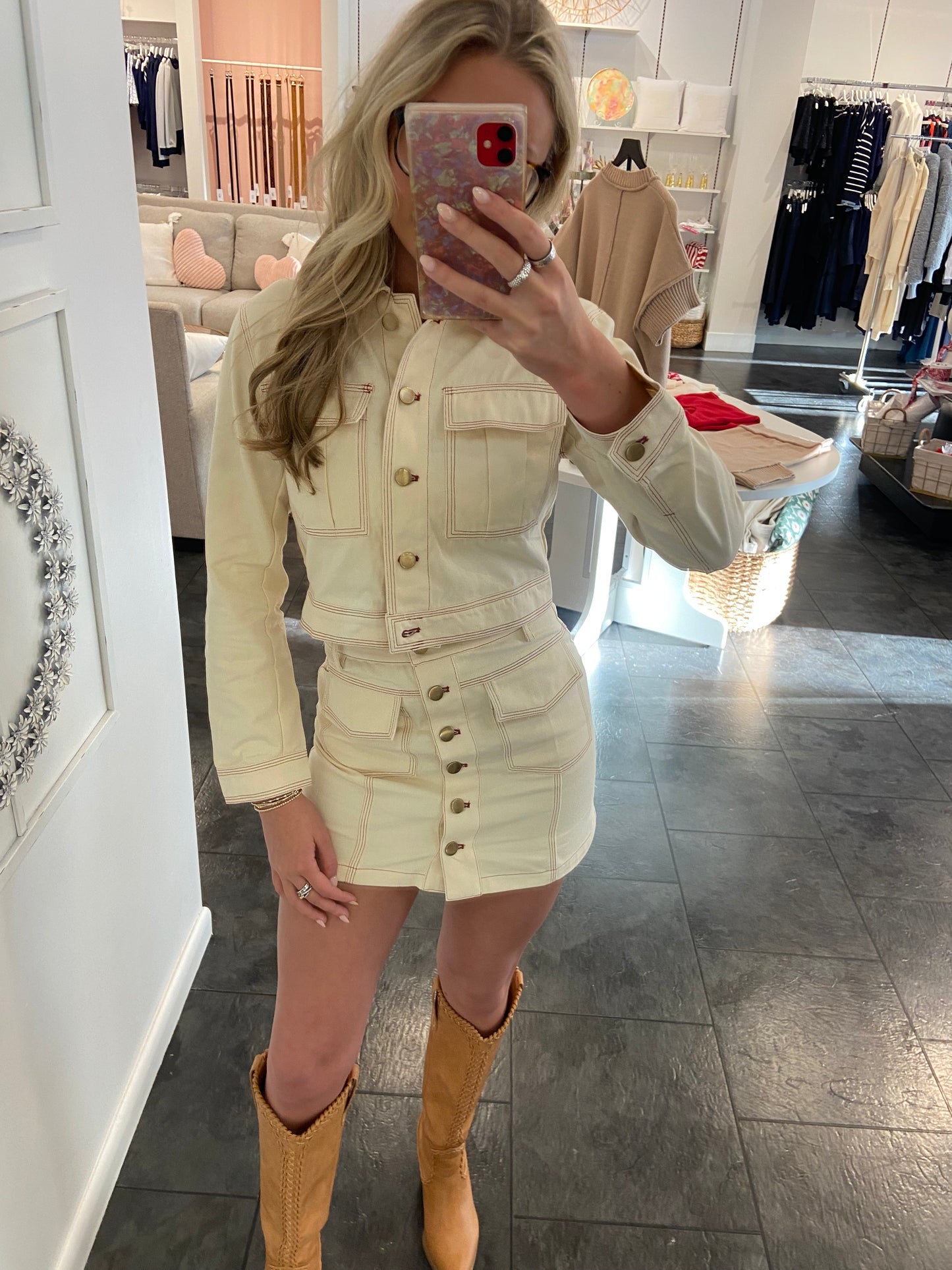 Take Me Out Cream Denim Jacket with Skirt Set