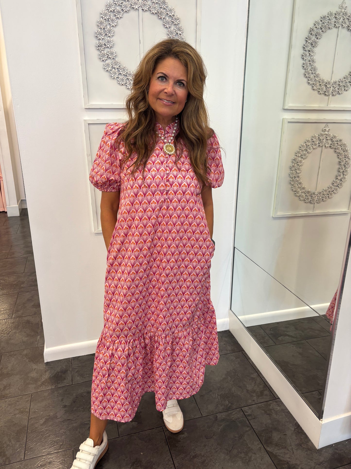 Pink Puff Sleeve Midi Dress