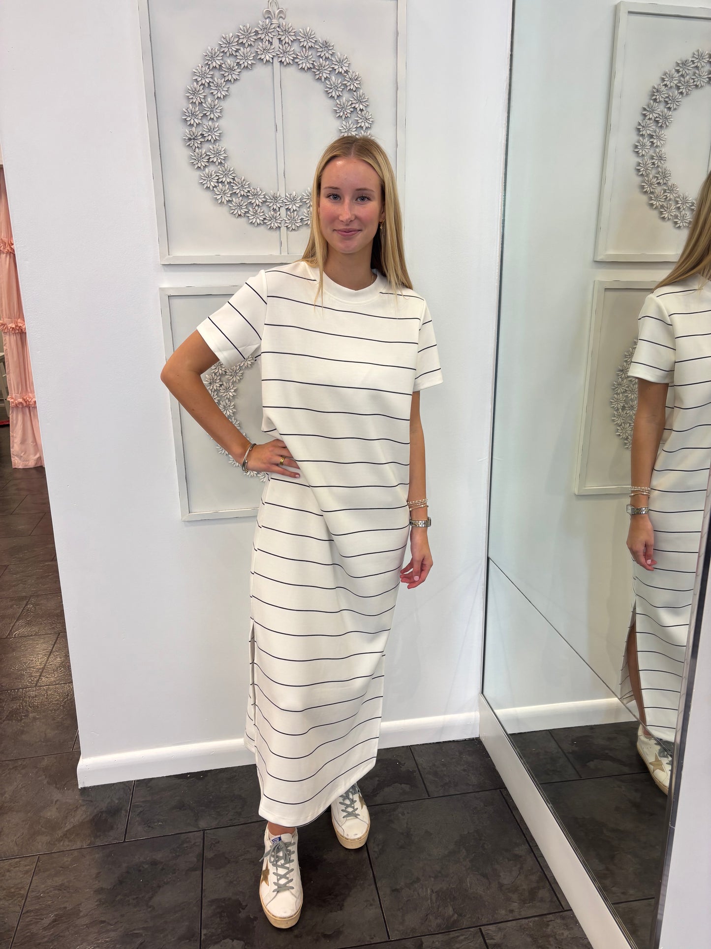 White with Black Stripe Maxi Dress