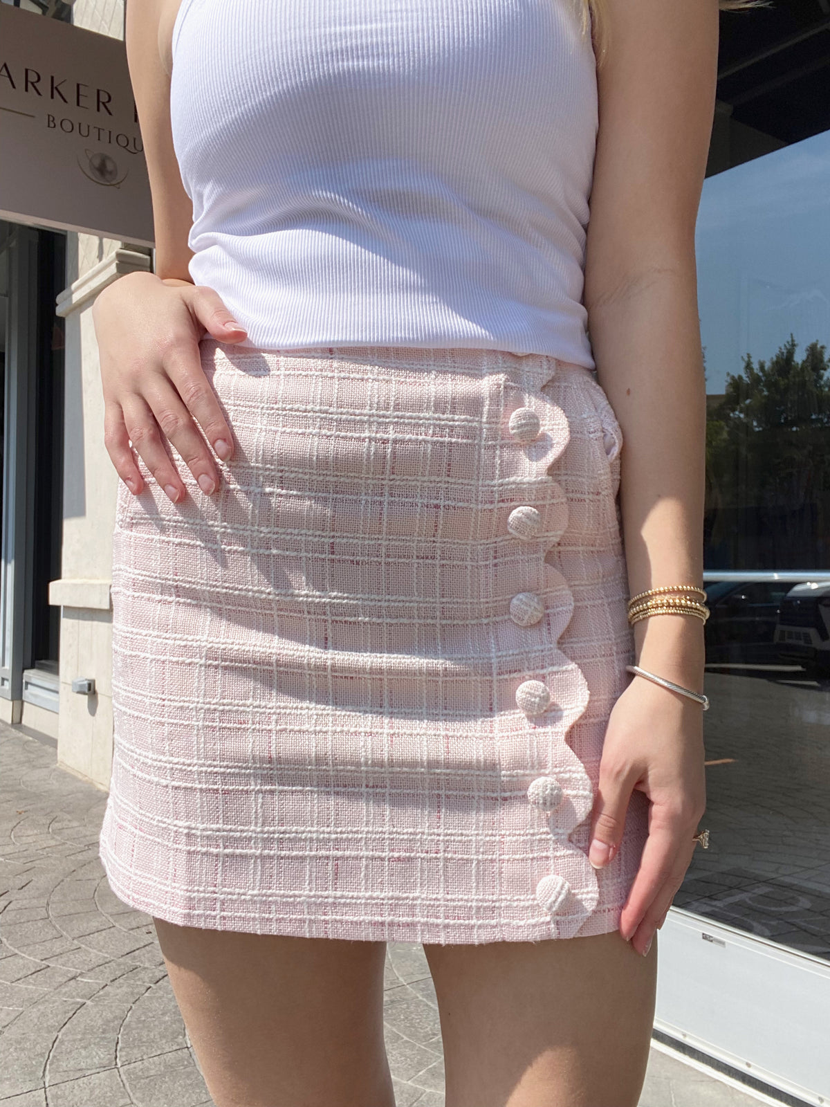 Chic Pink Plaid Tweed Mini Skirt