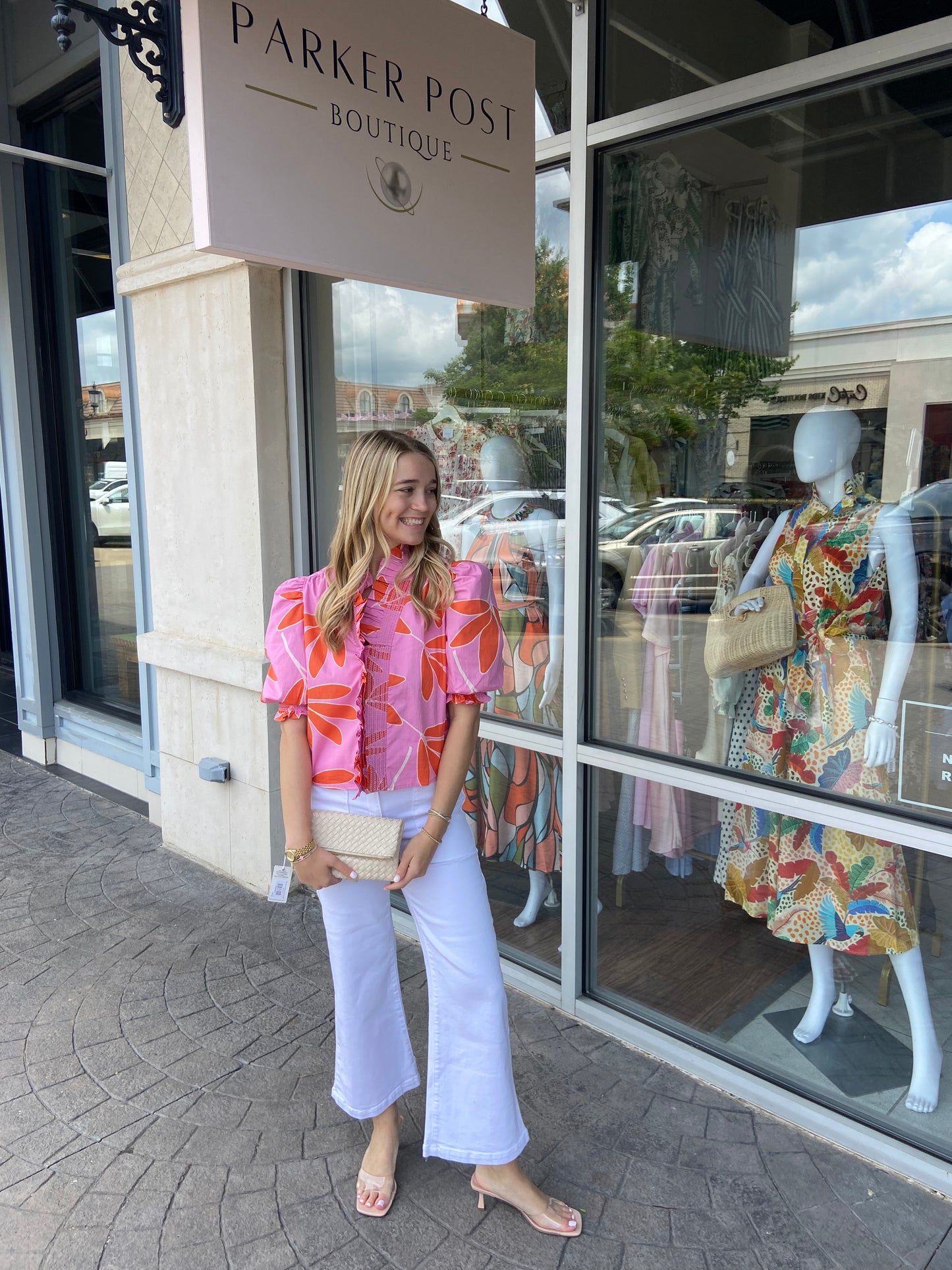 KARLIE Palm Leaf Ruffle Puff Sleeve Top