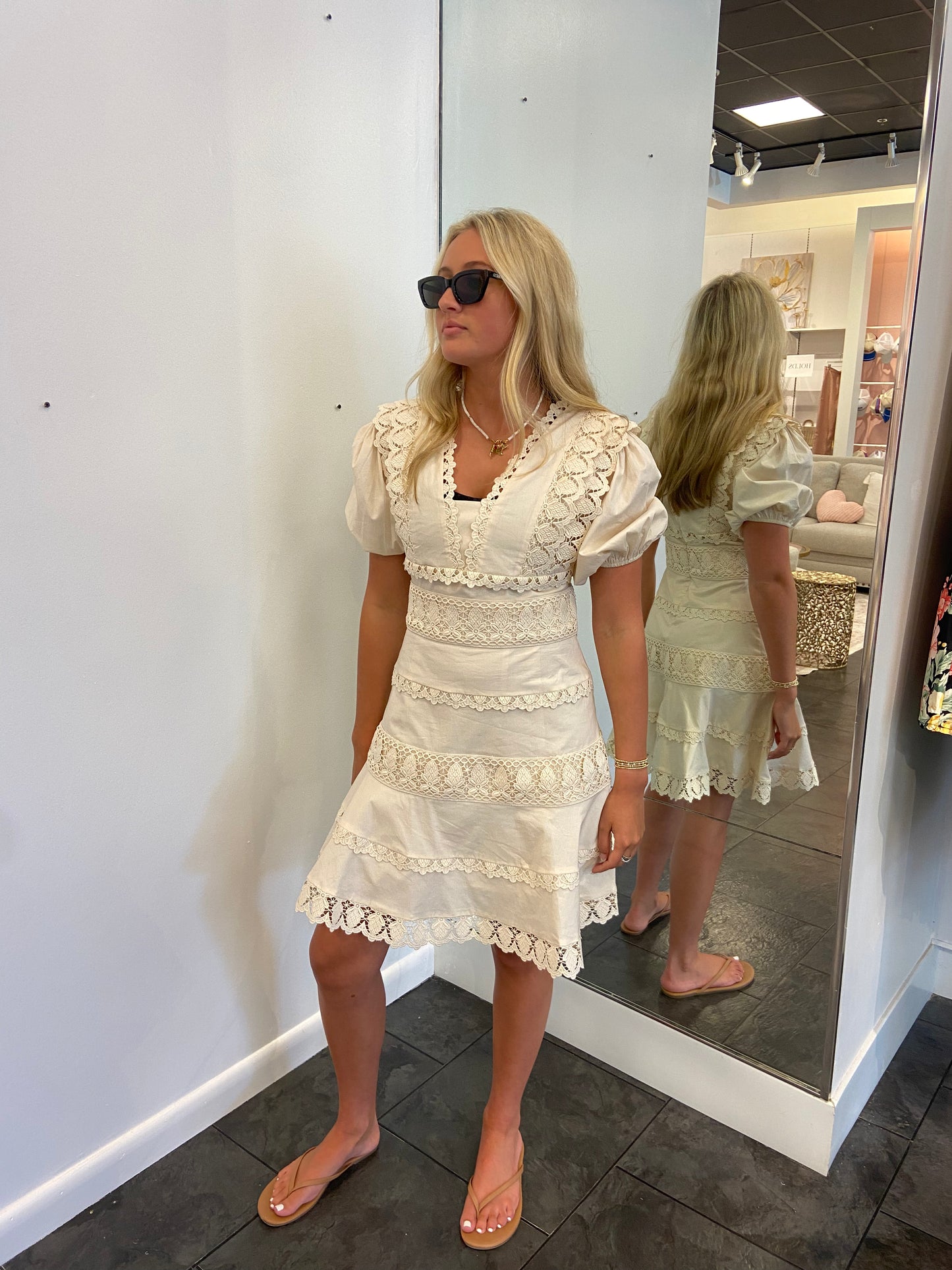 KARLIE Ivory Lace Trim V-Neck Puff Sleeve Dress