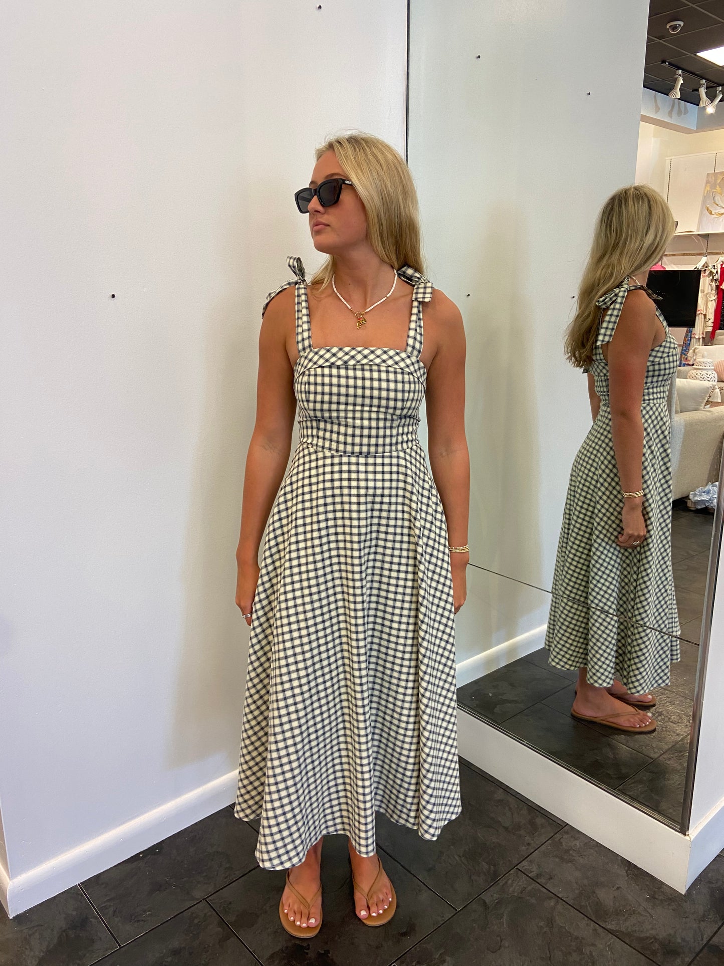 Lulus Blue and White Check Shoulder Tie Midi Dress