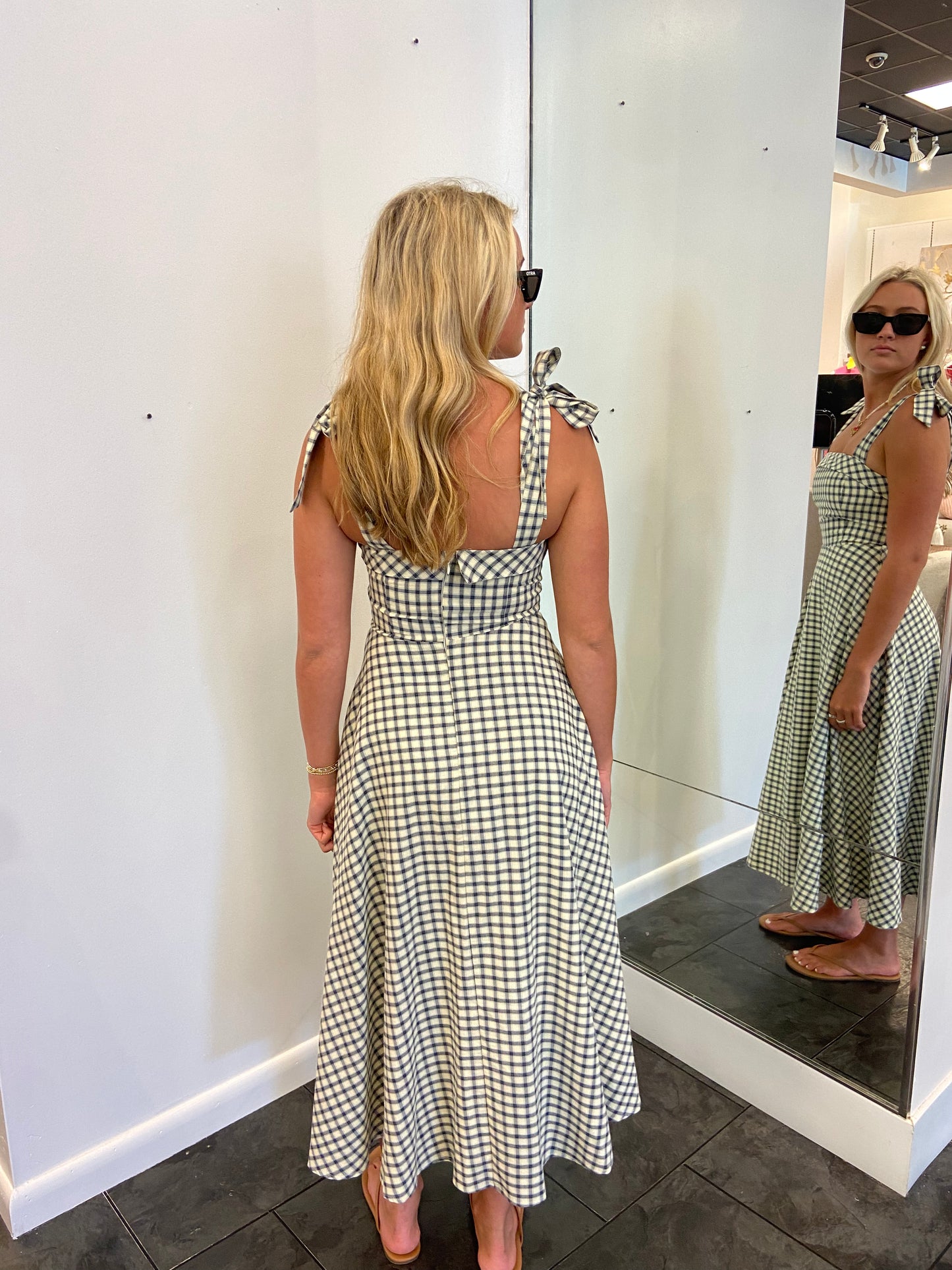 Lulus Blue and White Check Shoulder Tie Midi Dress
