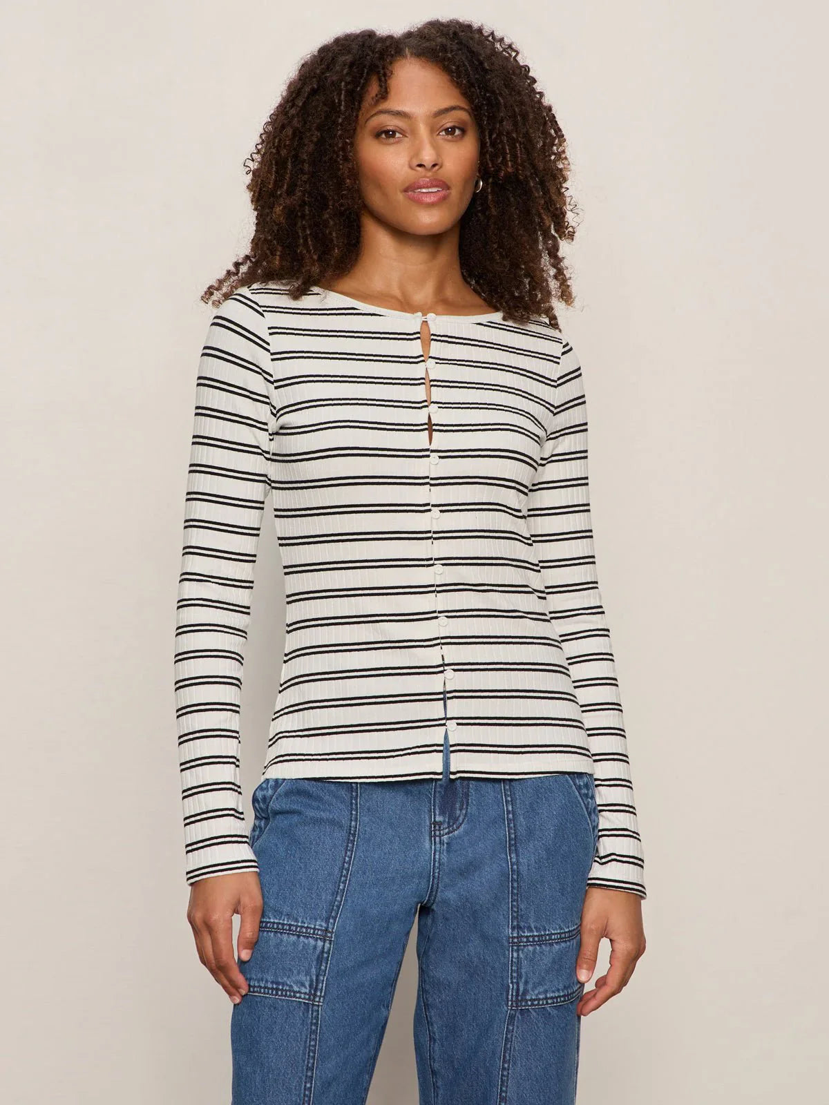 Black and White Button Front Ribbed Top