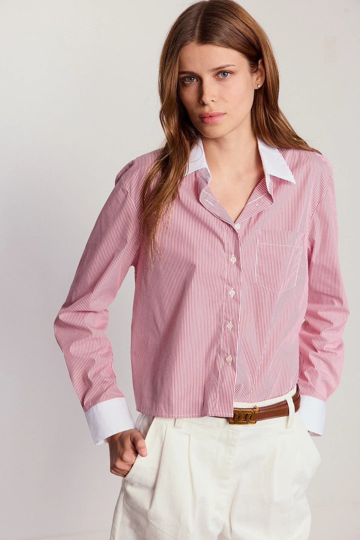 THE SHIRT Boxy Crop Thin Red Stripe
