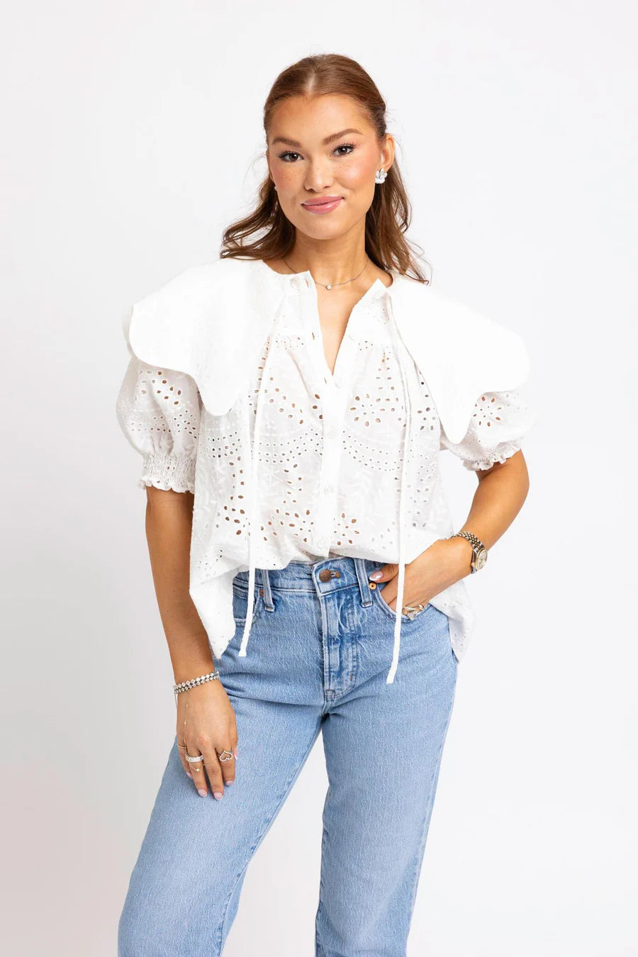 KARLIE Bonnie White Eyelet Novelty Collar Top