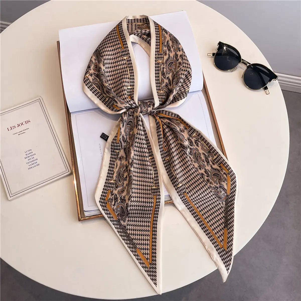 Gold Houndstooth and Paisley Twilly Scarf