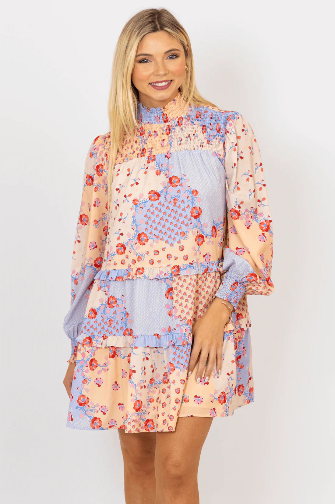 KARLIE Tan Floral Smock Neck Tier Dress