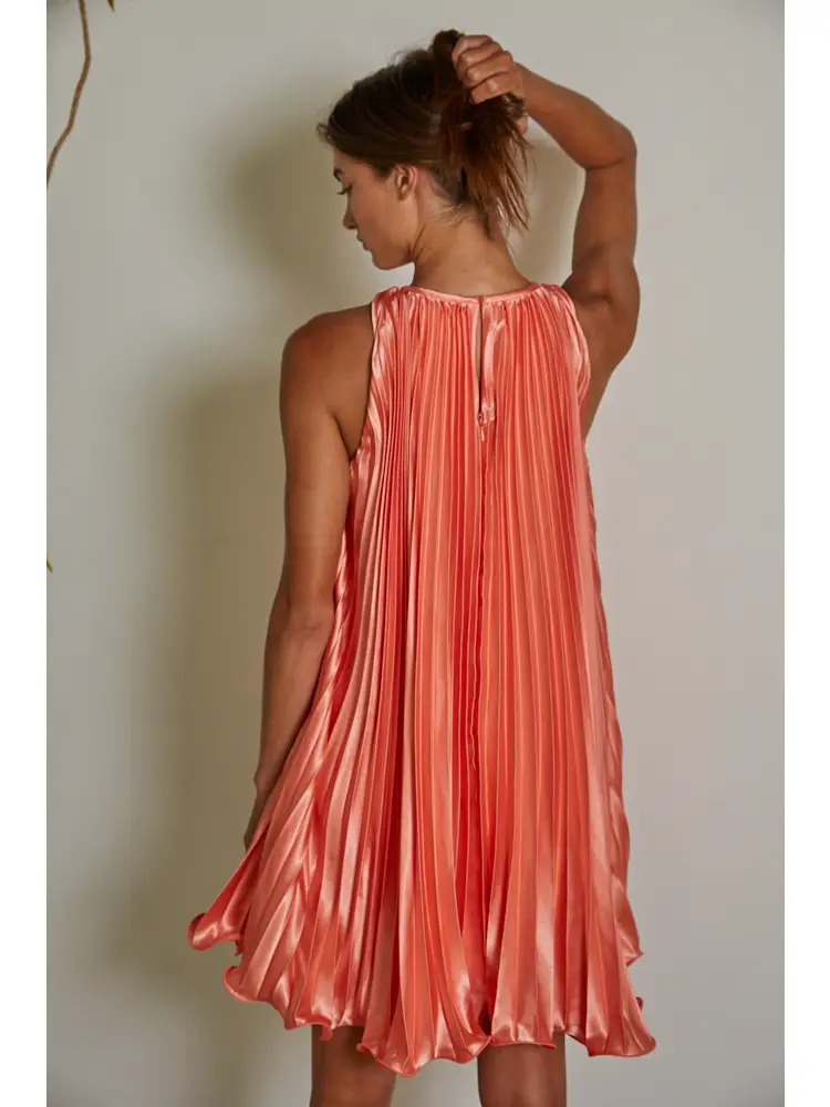 Coral Accordion Pleated Dress