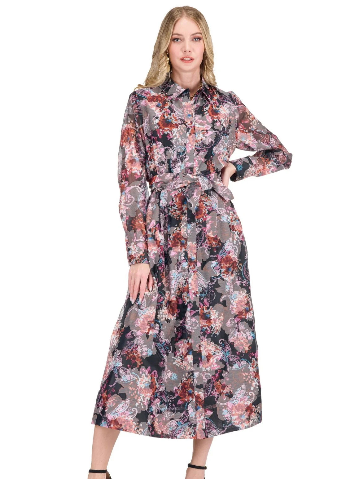 JADE Autumn Paisley Pleated Waist Maxi Shirtdress