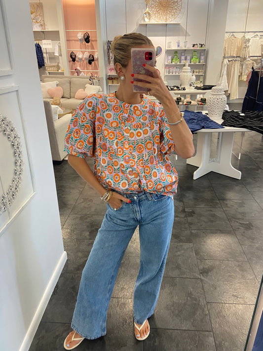 Orange and White Floral Pleated Back Button Up Top