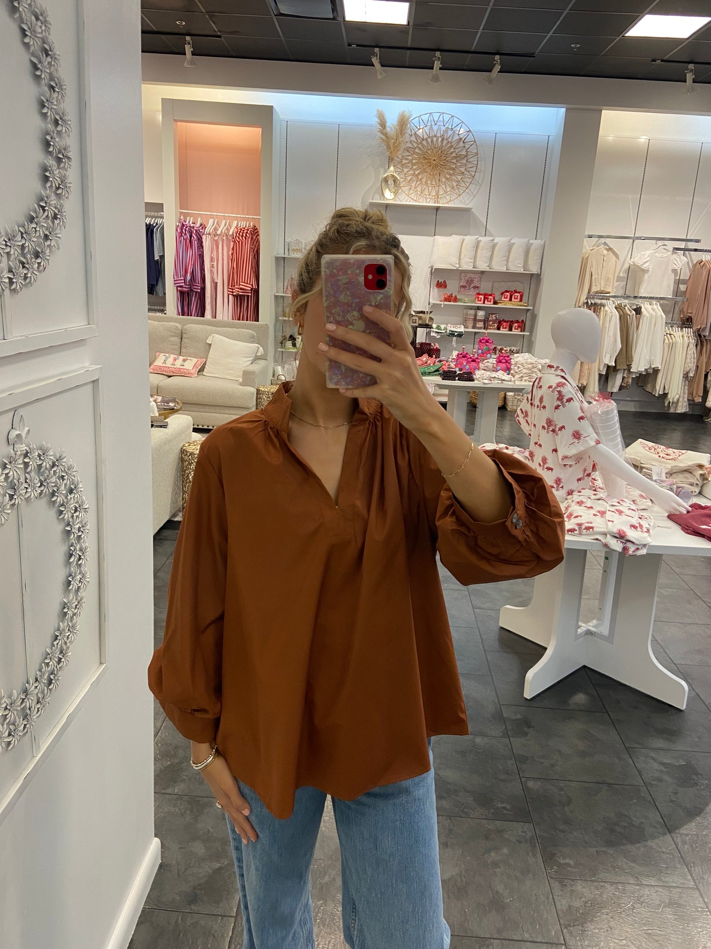 Caramel V-Neck Cotton Bubble Sleeve Blouse