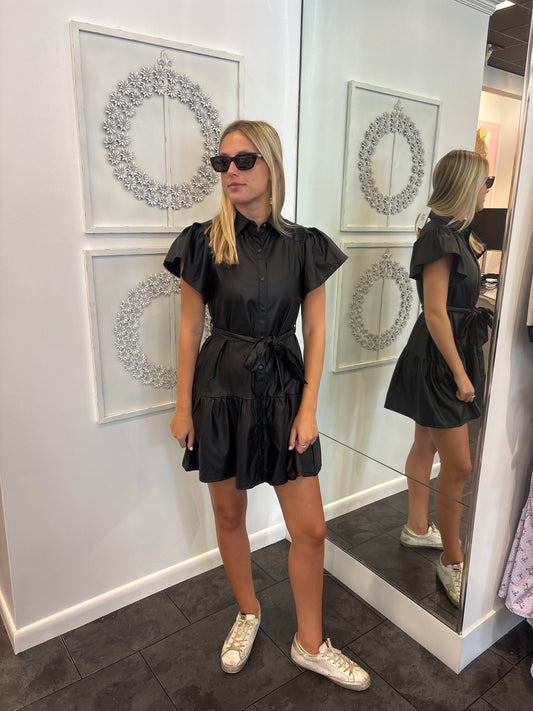 Black Faux Leather Short Sleeve Belted Dress