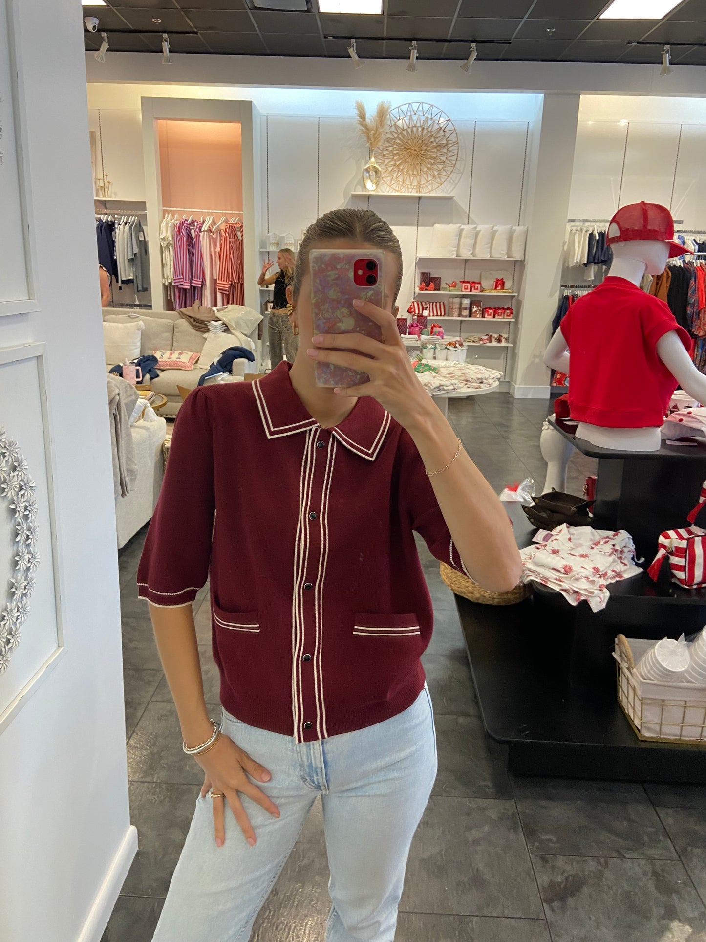 Burgundy Short Sleeve Button Up Sweater