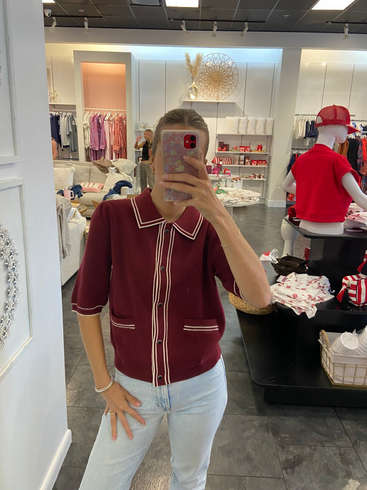 Burgundy Short Sleeve Button Up Sweater