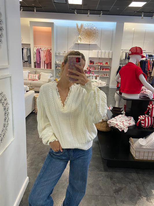 Cream Lace Trim V-Neck Sweater