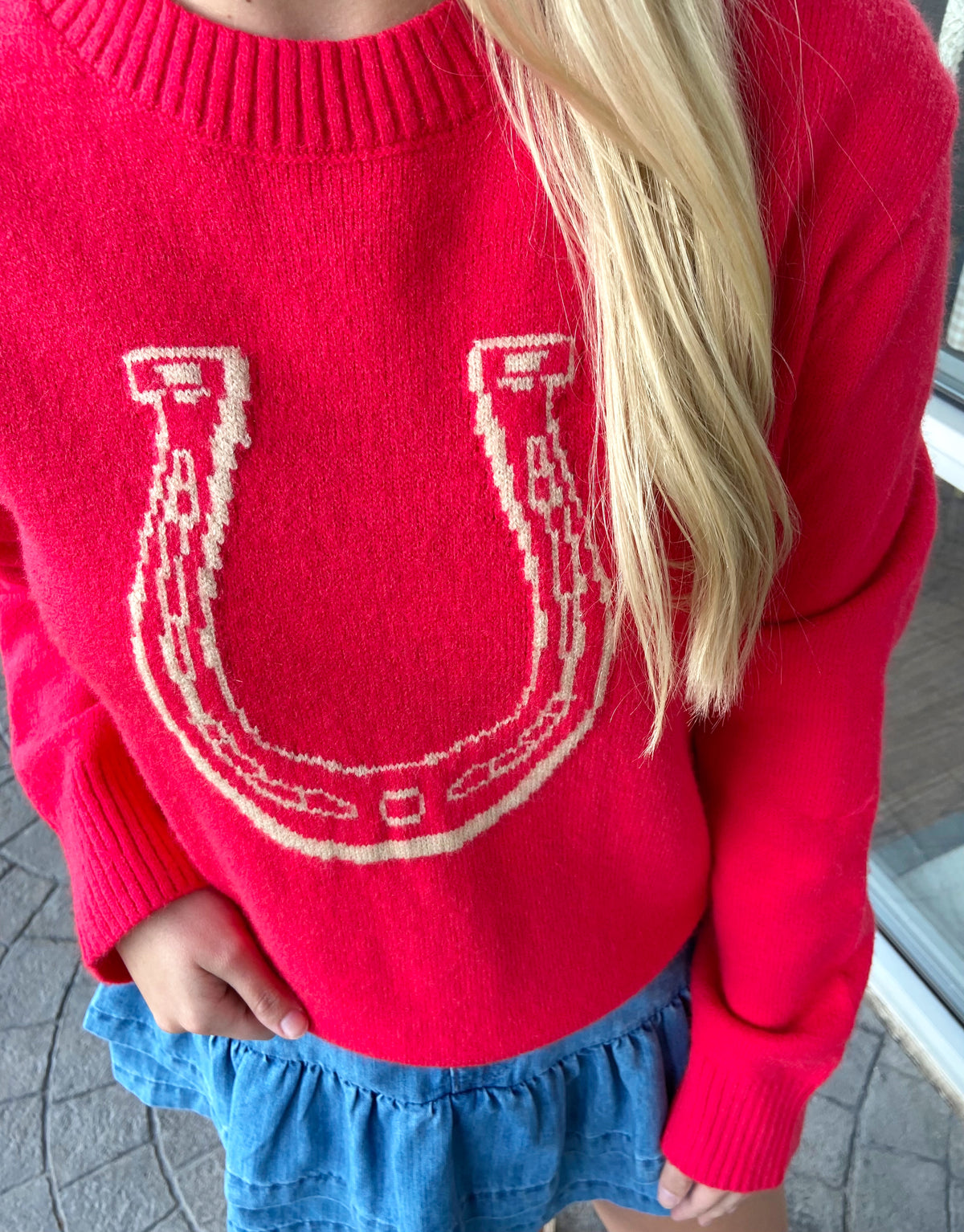 April Red Horseshoe Graphic Knit Sweater
