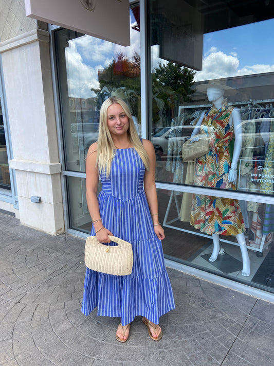Misty Blue Striped Tiered Maxi Dress