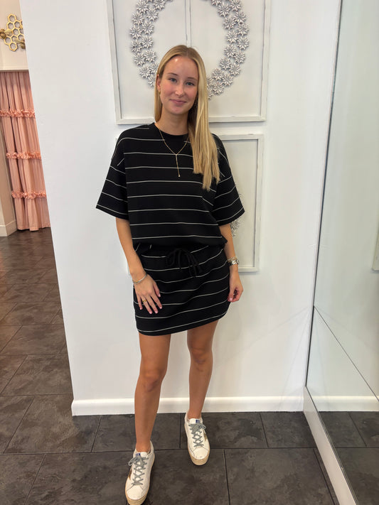 Black with Cream Stripe Crew Neck Top