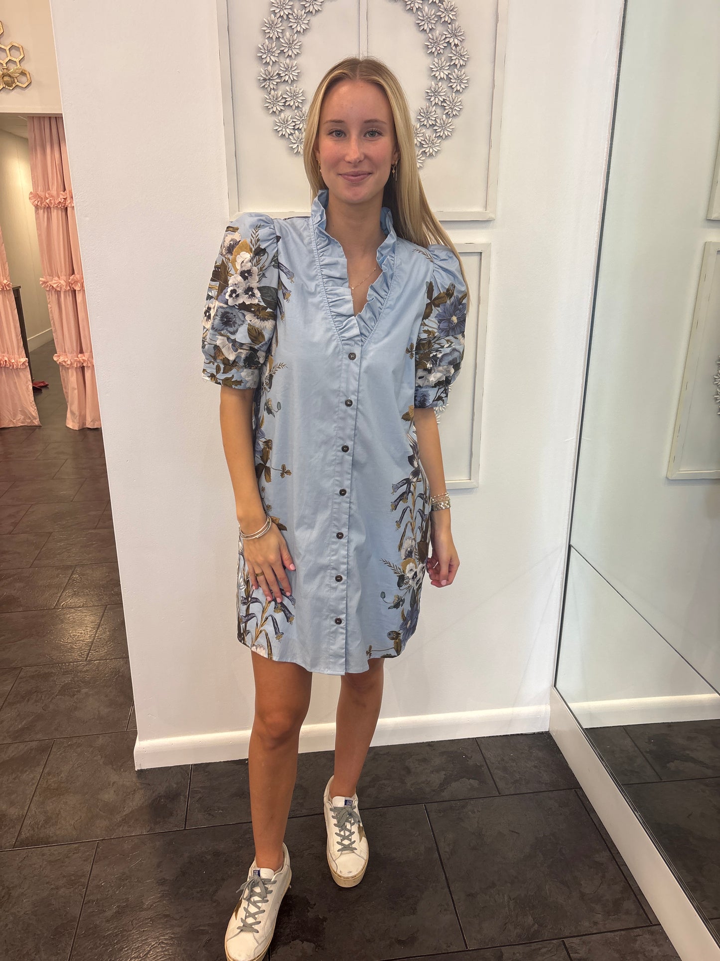 Chambray Floral V-Neck Button Up Dress