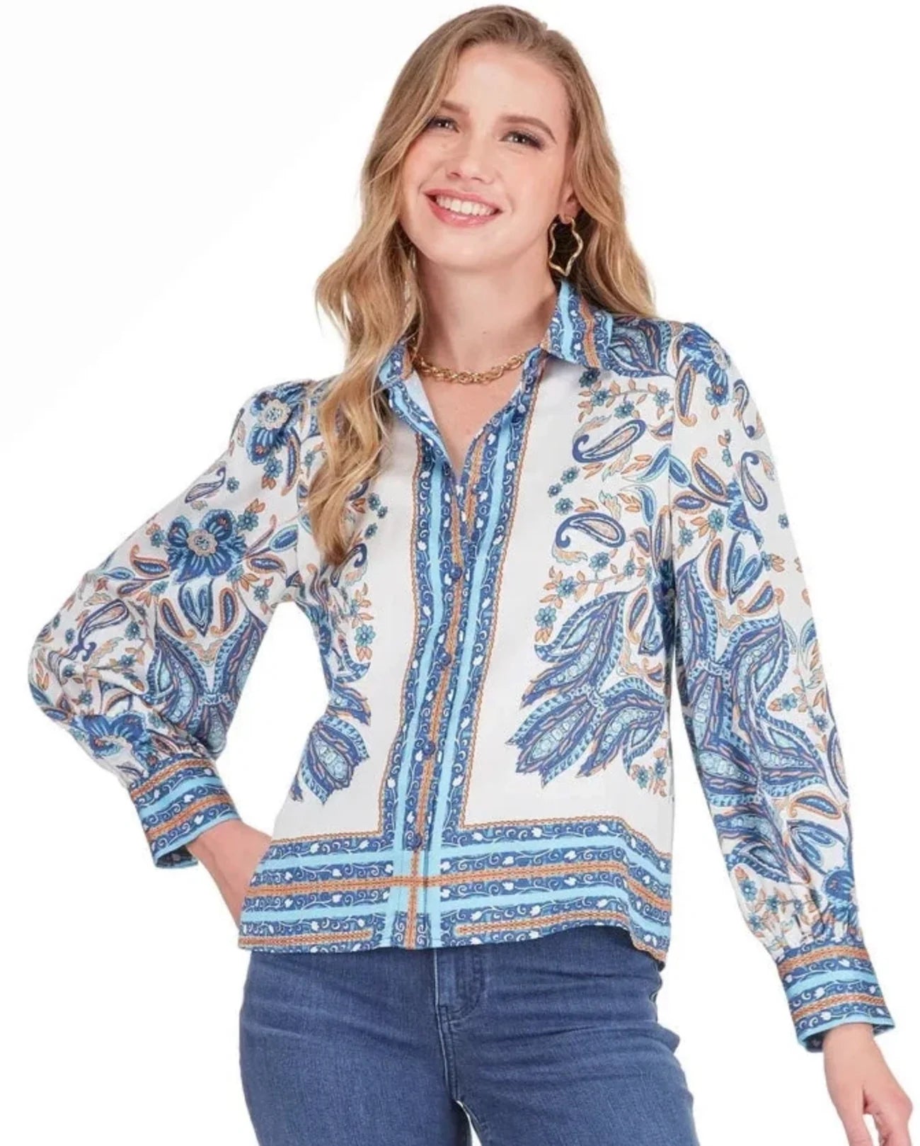 JOY JOY Blue Scarf Puff Sleeve Blouse