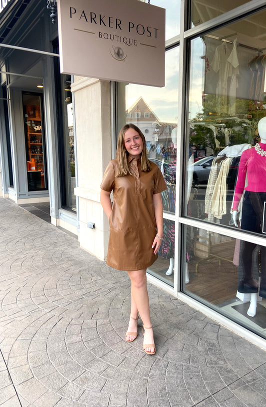 JADE Vegan Leather Placket Dress - Camel