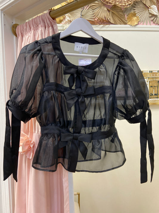 Rhea Black Organza Puff Sleeve Top