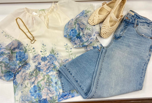 JADE Blue Wildflower Peasant Top