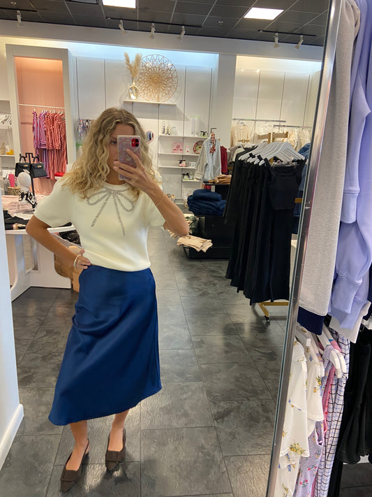 Navy Satin Midi Skirt