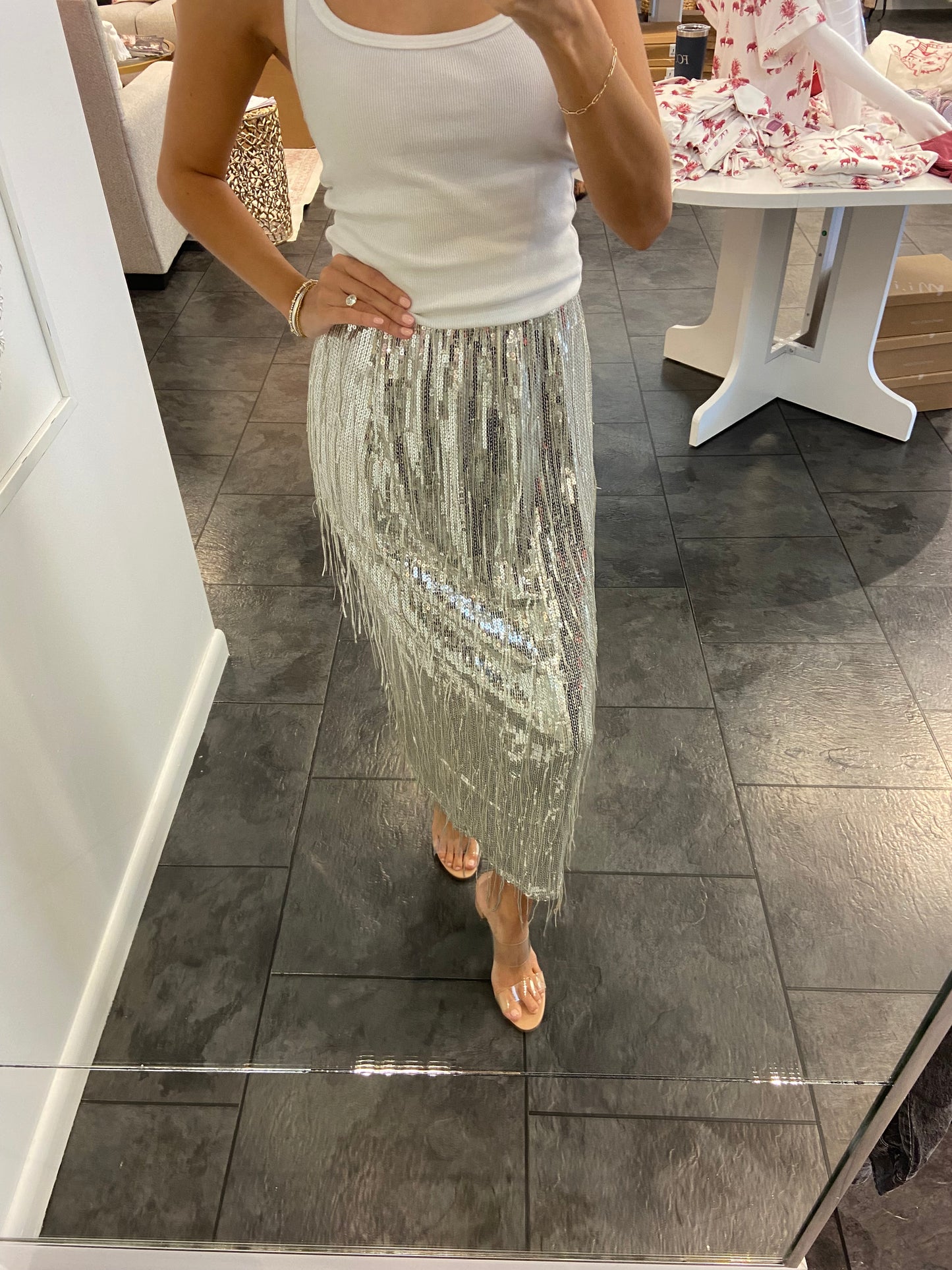 Silver Sequin Midi Skirt