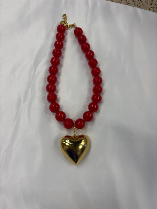 YOCHI Red Bead With Gold Heart Necklace