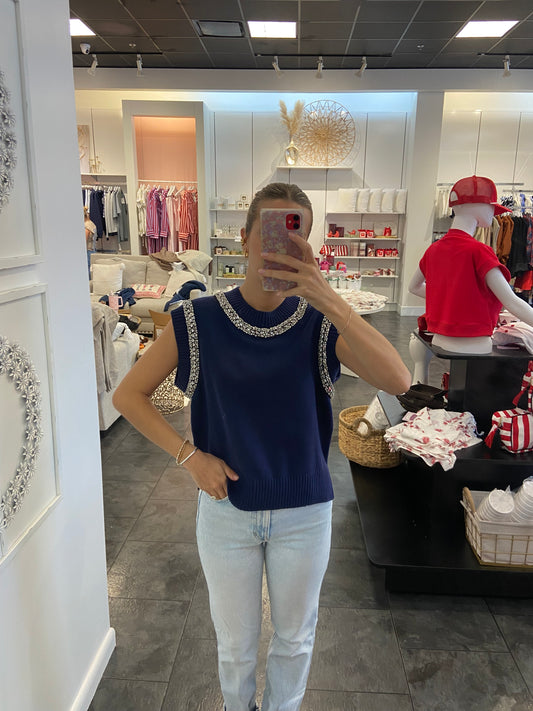 Navy Rhinestone Sleeveless Sweater