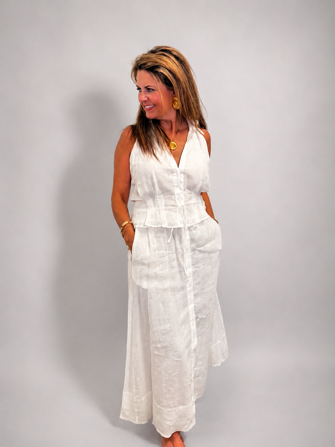 Kristy White Linen Maxi Skirt Set