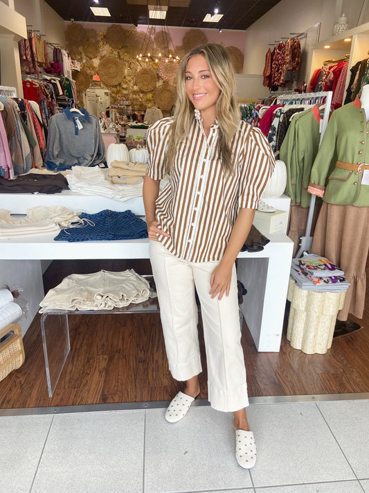 Becca Brown and Cream Stripe Ruffle Neck Button Up Top