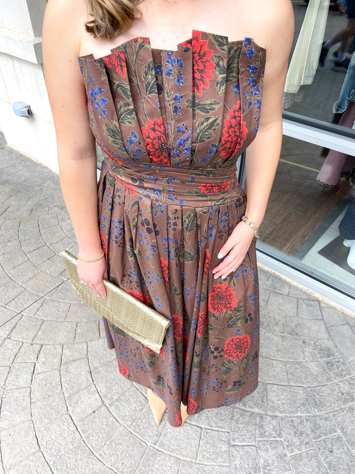 Rian Fall Floral Strapless Midi Dress