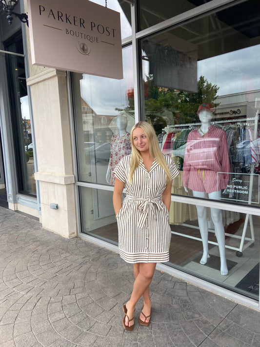JOY JOY Brown Stripe Pleated Wasit Button Dress